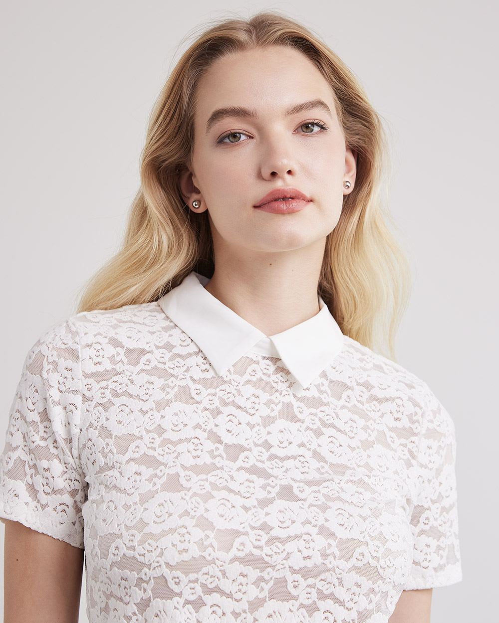 Short-Sleeve Lace Blouse with Shirt Collar
