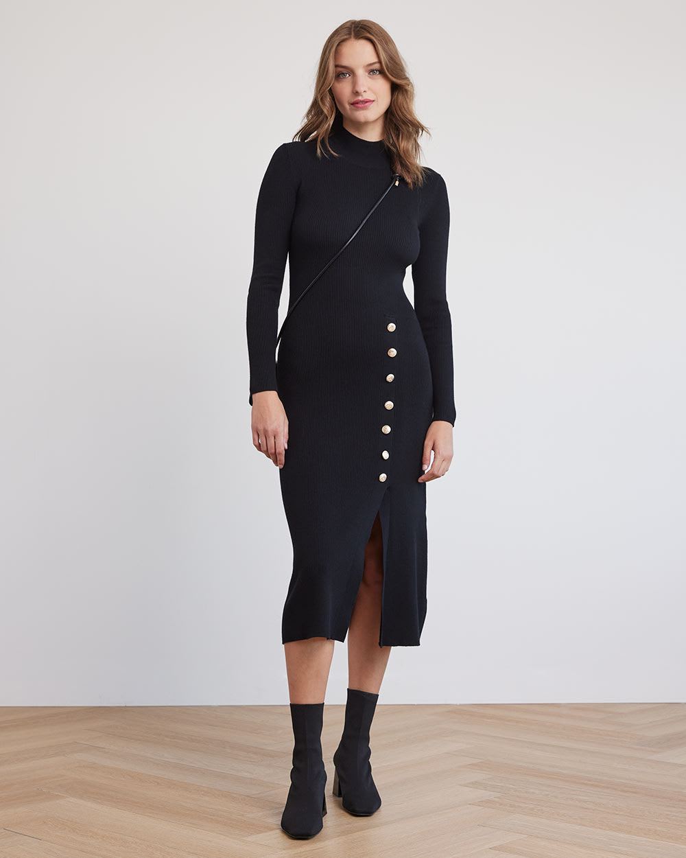 Long-Sleeve Mock-Neck Fitted Midi Dress
