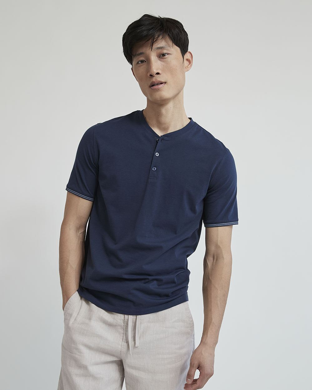 Solid Short-Sleeve Tee with Henley Neckline