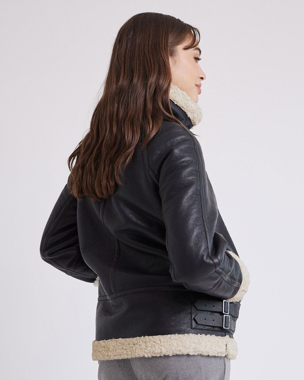 Faux Leather Jacket with Sherpa Details