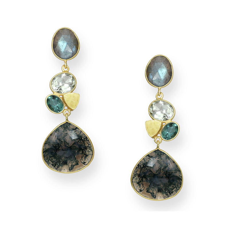 18K Goldtone Plated Sterling Silver Clustere Green Amethyst, Tourmaline & Agate Teardrop Clustered Drop Earrings- AG Sterling