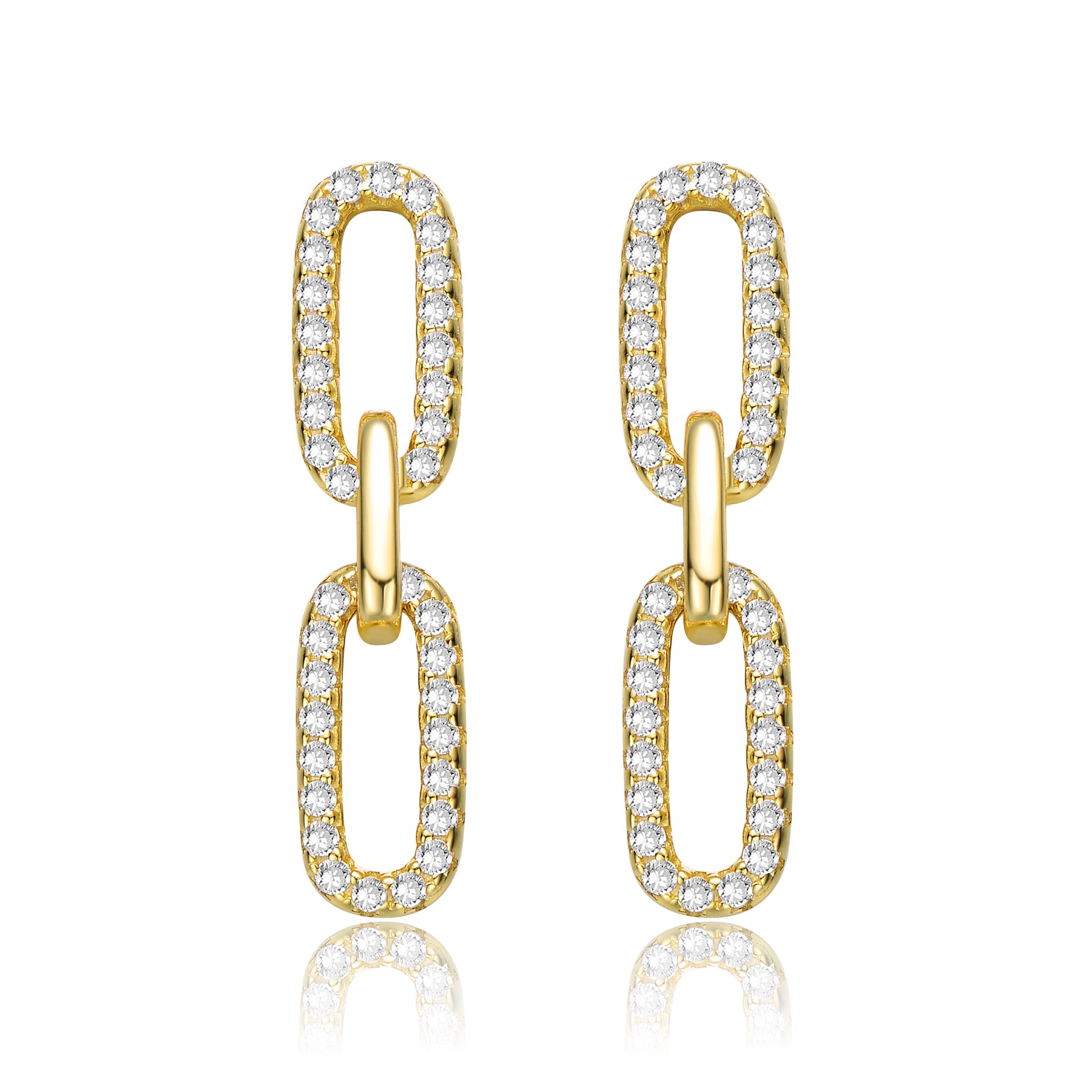 GV Sterling Silver 14k Yellow Gold Plated with Cubic Zirconia Triple Link Chain Dangle Earrings