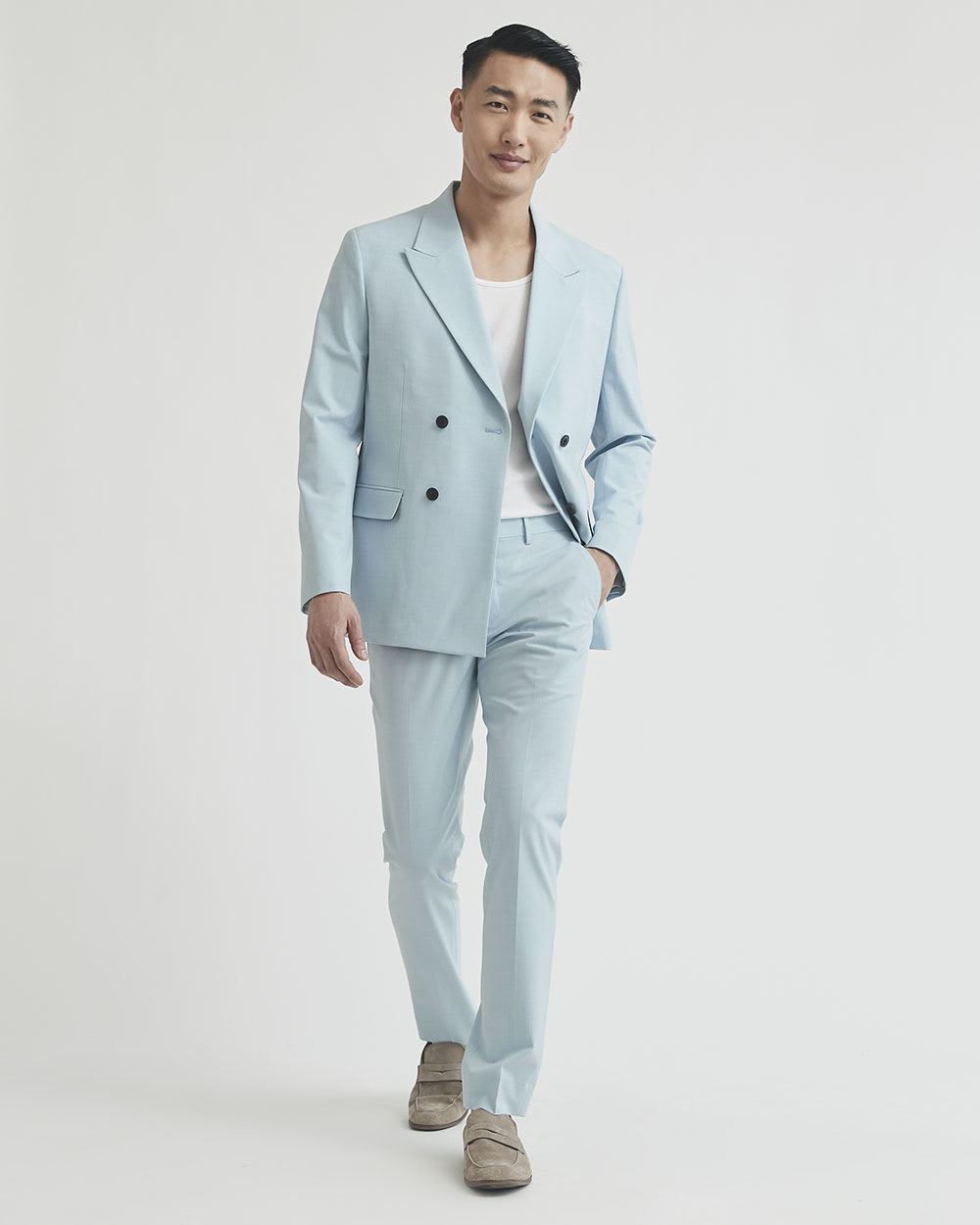 Slim Fit Double-Breasted Light Blue Suit Blazer