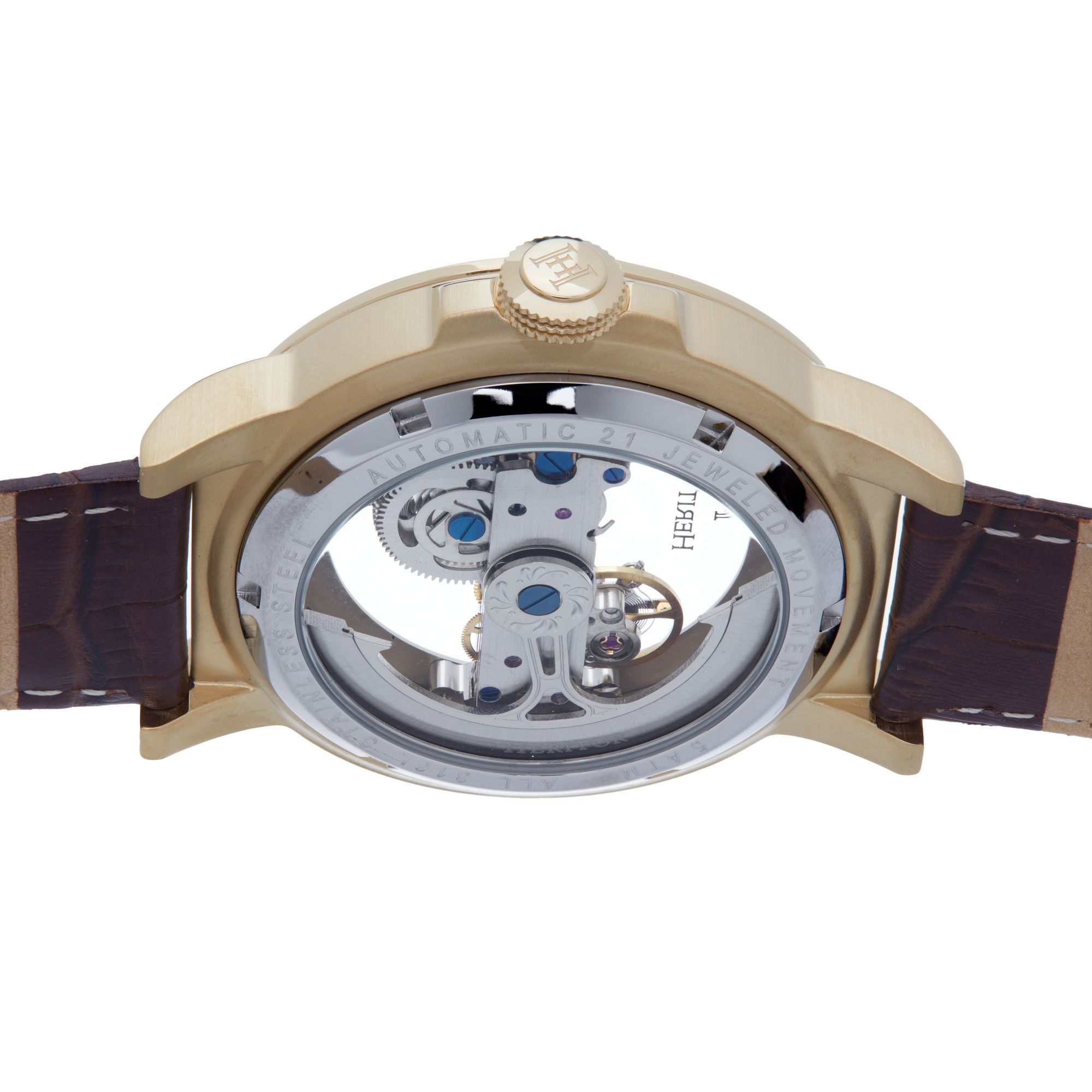 Heritor Automatic - Xander Semi-Skeleton Leather-Band Watch - Gold/Brown