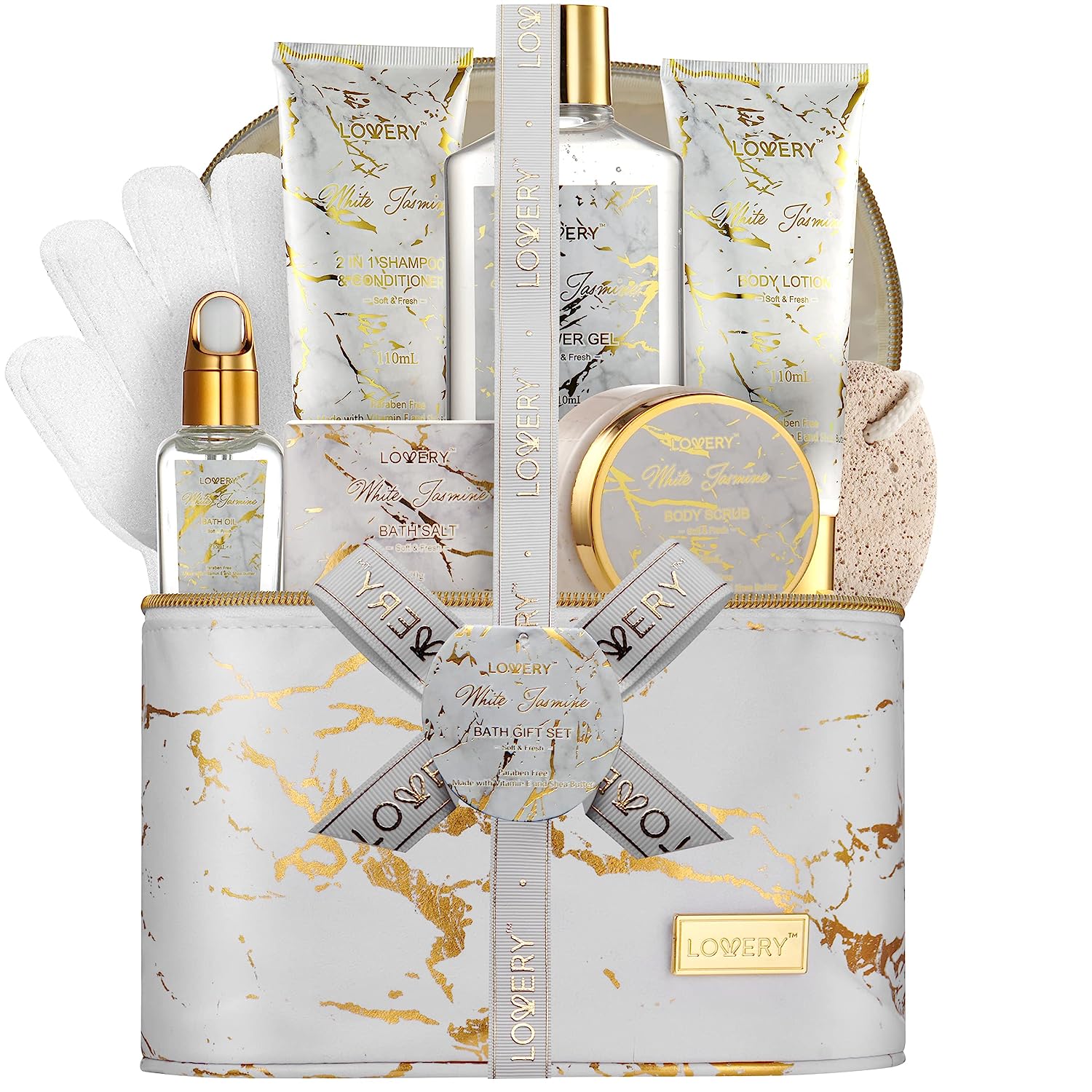 Lovery 9pc White Jasmine Home Spa Set With Cosmetic Bag, Bath And Body Self Care Gift