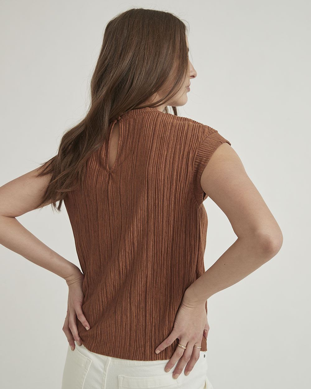 Crinkle Crew-Neck Cap Sleeve T-Shirt