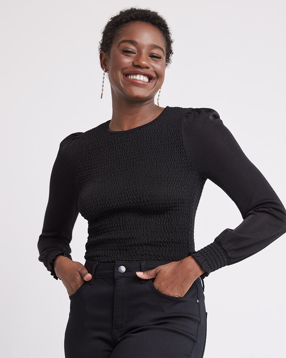 Long-Puffy-Sleeve Smocked Tee with Crew Neckline