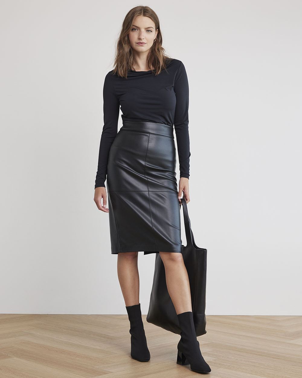 Black Long-Sleeve Tee with Draped Neckline