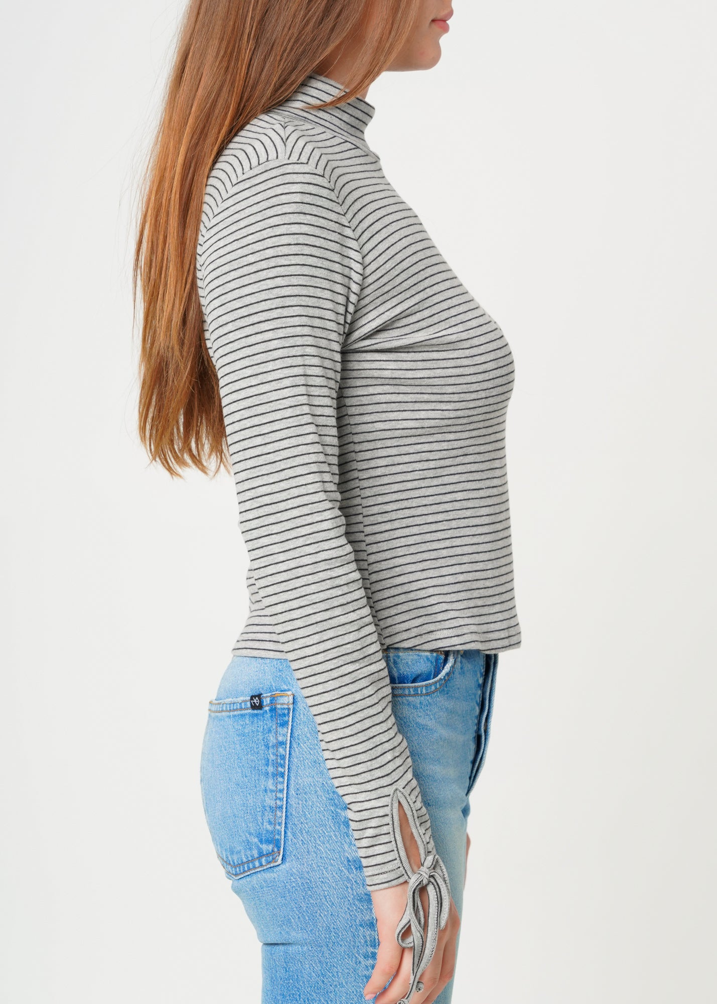 Nurode Long Sleeve Mock Neck Tie Cuff Striped Tee