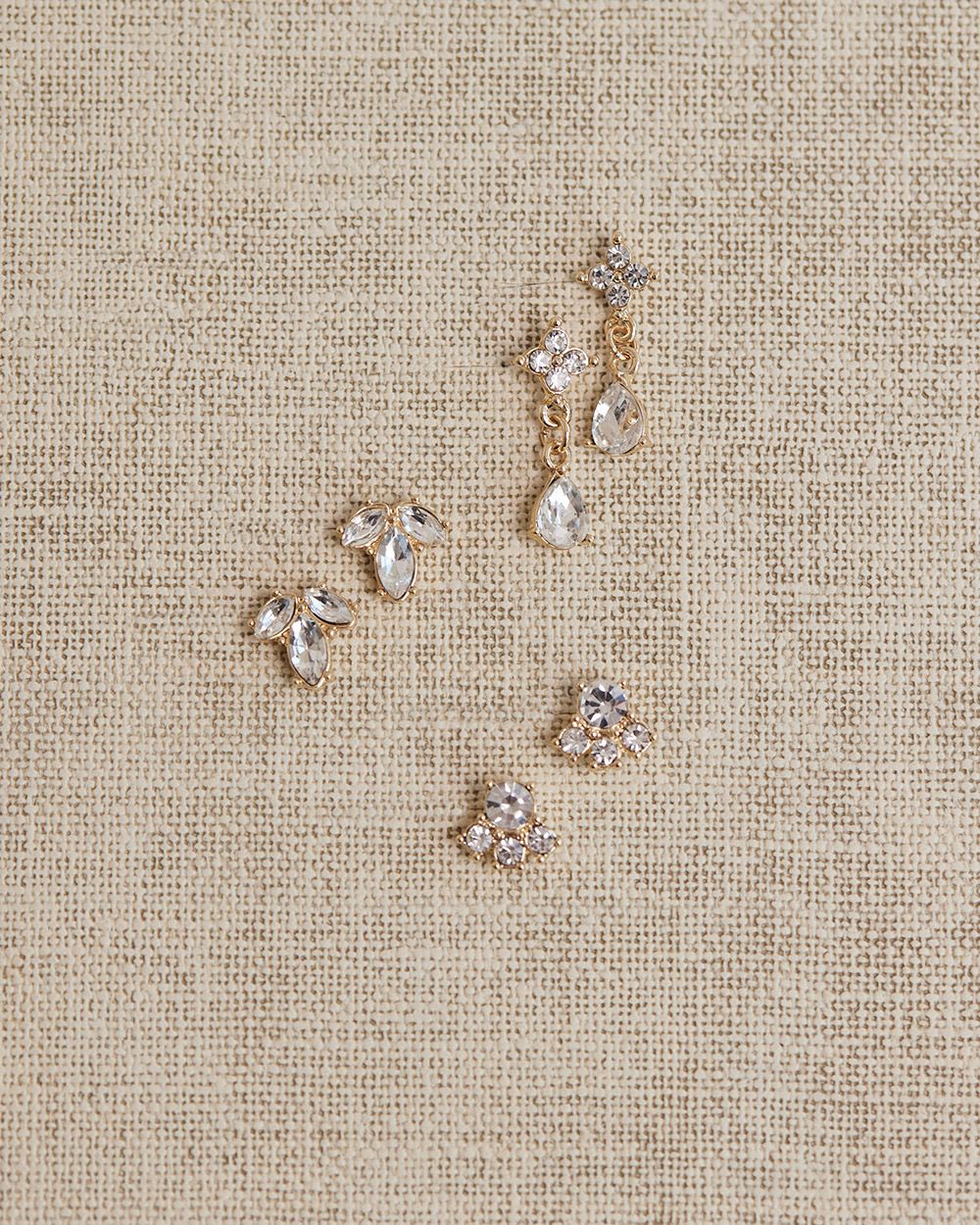 Stud Earrings with Glass Stones - 3 Pairs