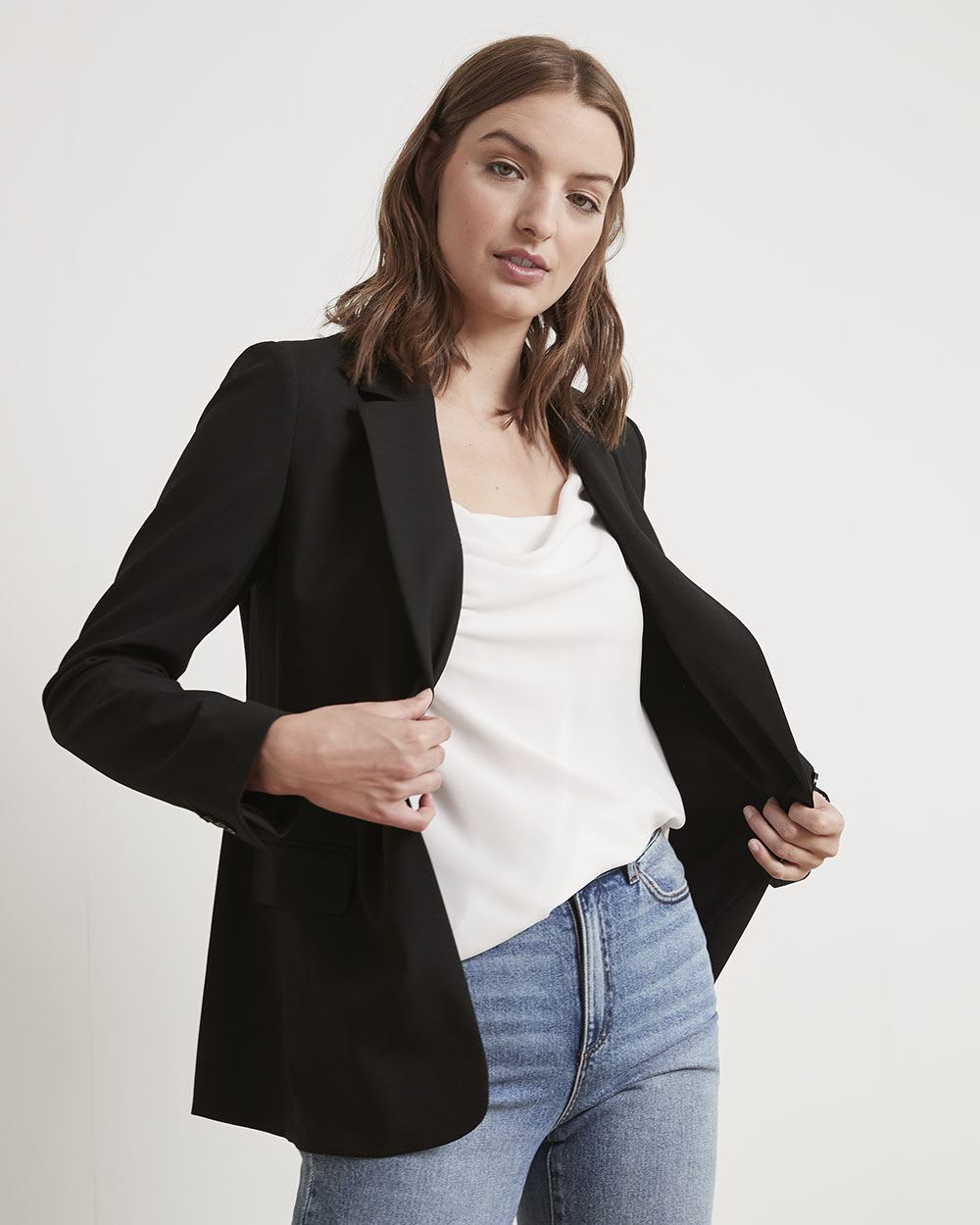 Solid One-Button Classic Twill Blazer
