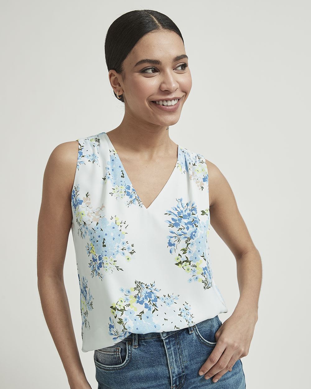 Silky Crepe Shirred V-Neck Cami