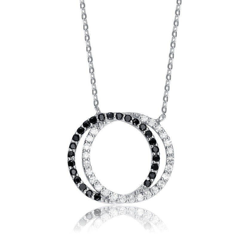 Sterling Silver White Gold Plating with Clear Cubic Zirconia Double Outlined Circle Neckalce