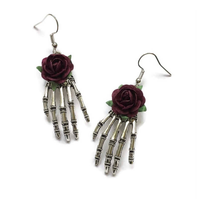 Silvertone Skeleton Hands & Deep Purple Rose Drop Earrings- Don't AsK