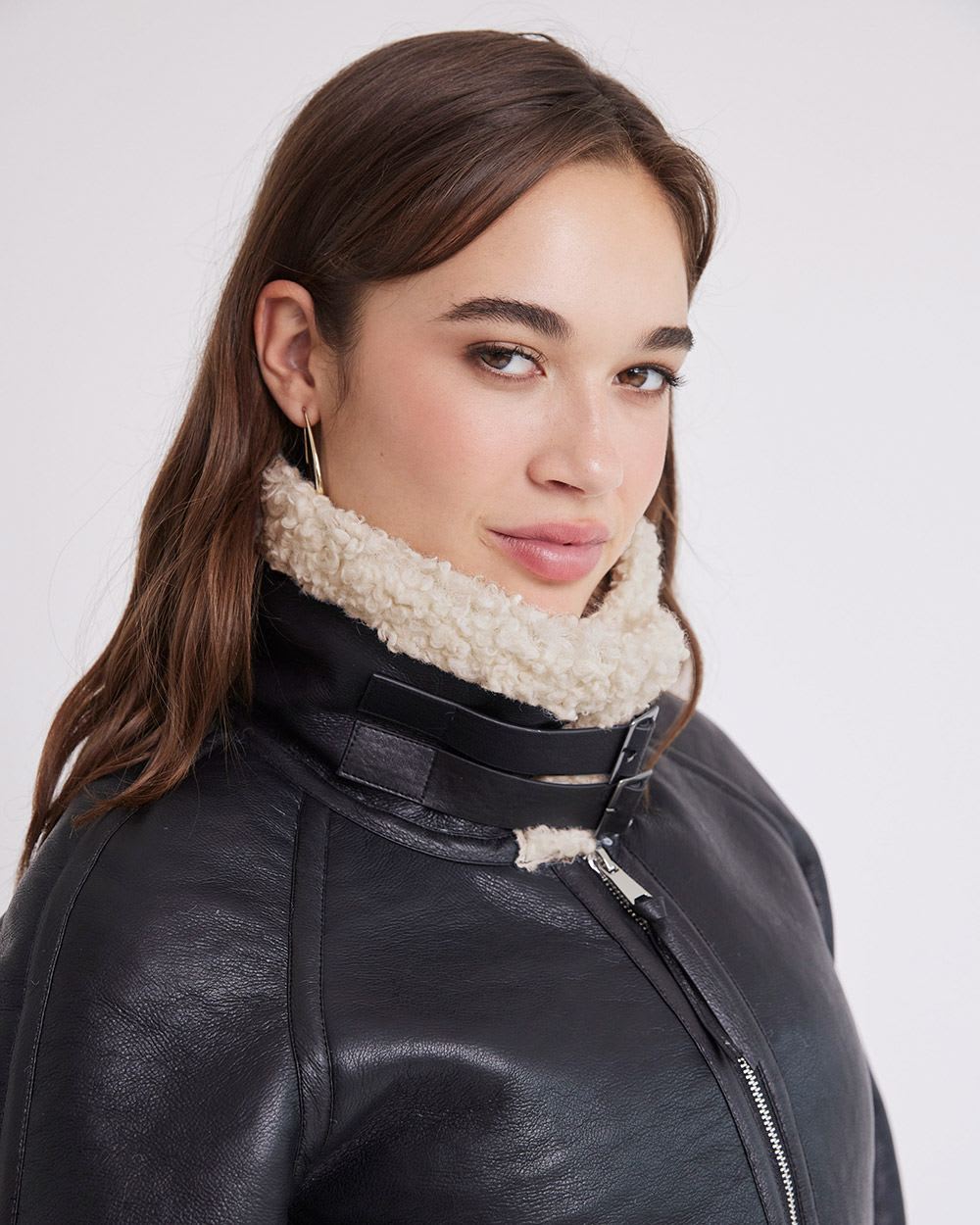 Faux Leather Jacket with Sherpa Details