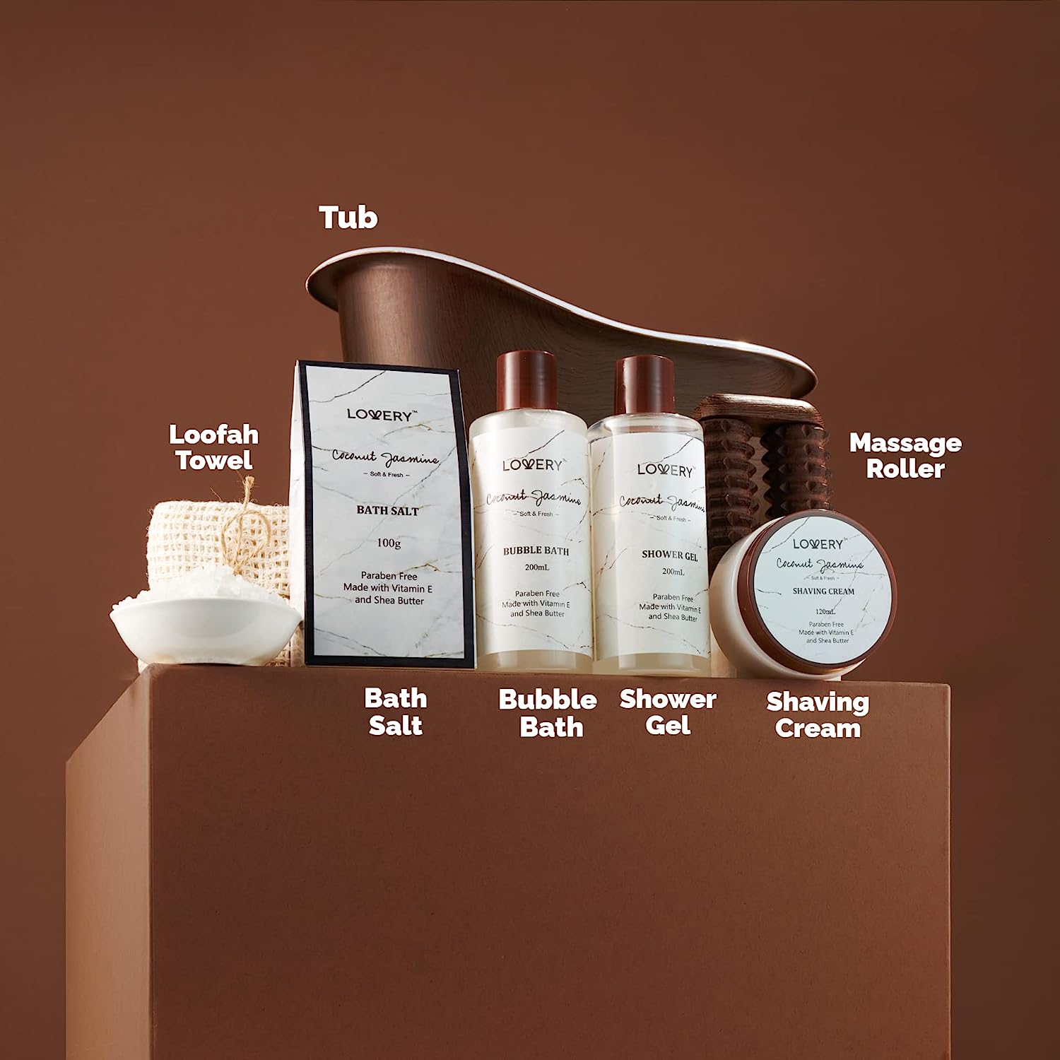 Lovery Coconut Jasmine Luxury Bath And Body Set - Home Spa Self Care Kit With Massager