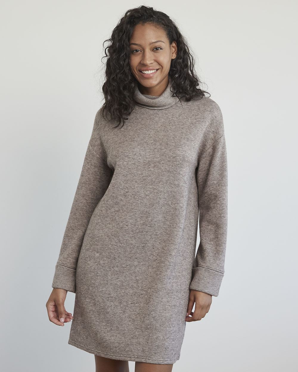Long-Sleeve Turtleneck Straight Dress with Ribbed Cuffs