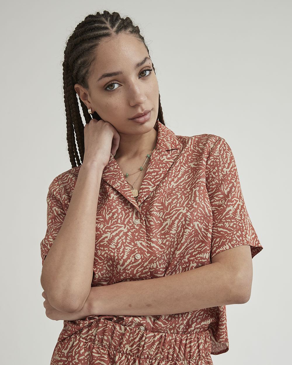 Short-Sleeve Buttoned-Down Twill Blouse