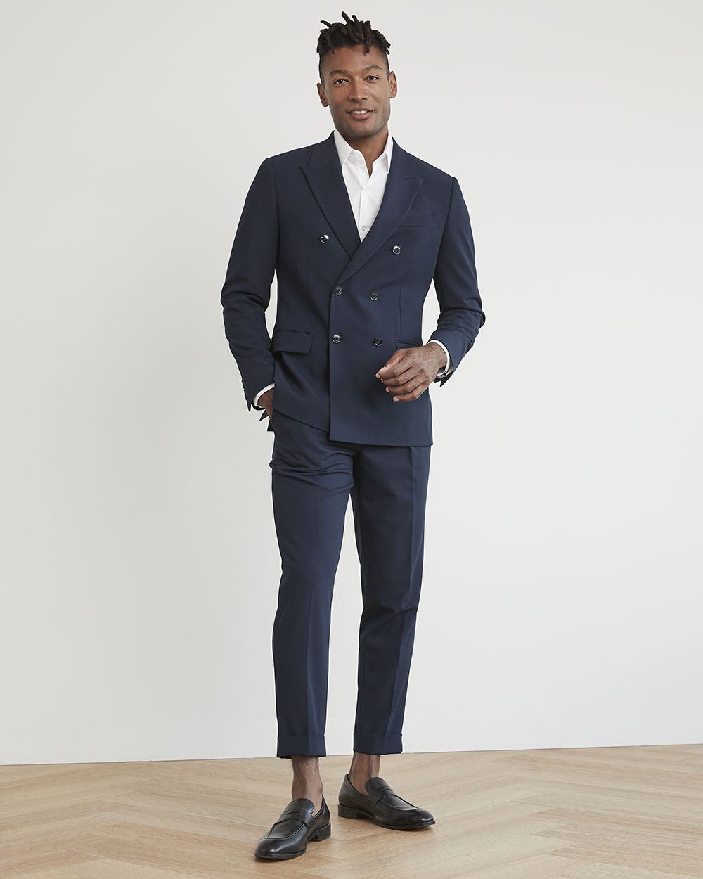 Pleated Solid Tapered-Leg Suit Pant