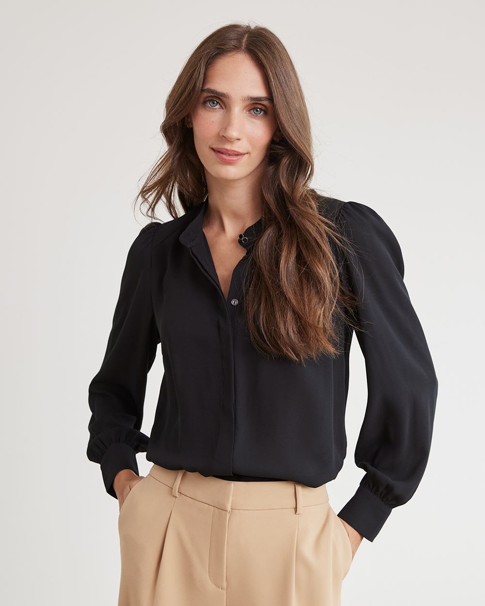 Long-Sleeve Buttoned-Down Silky Crepe Blouse