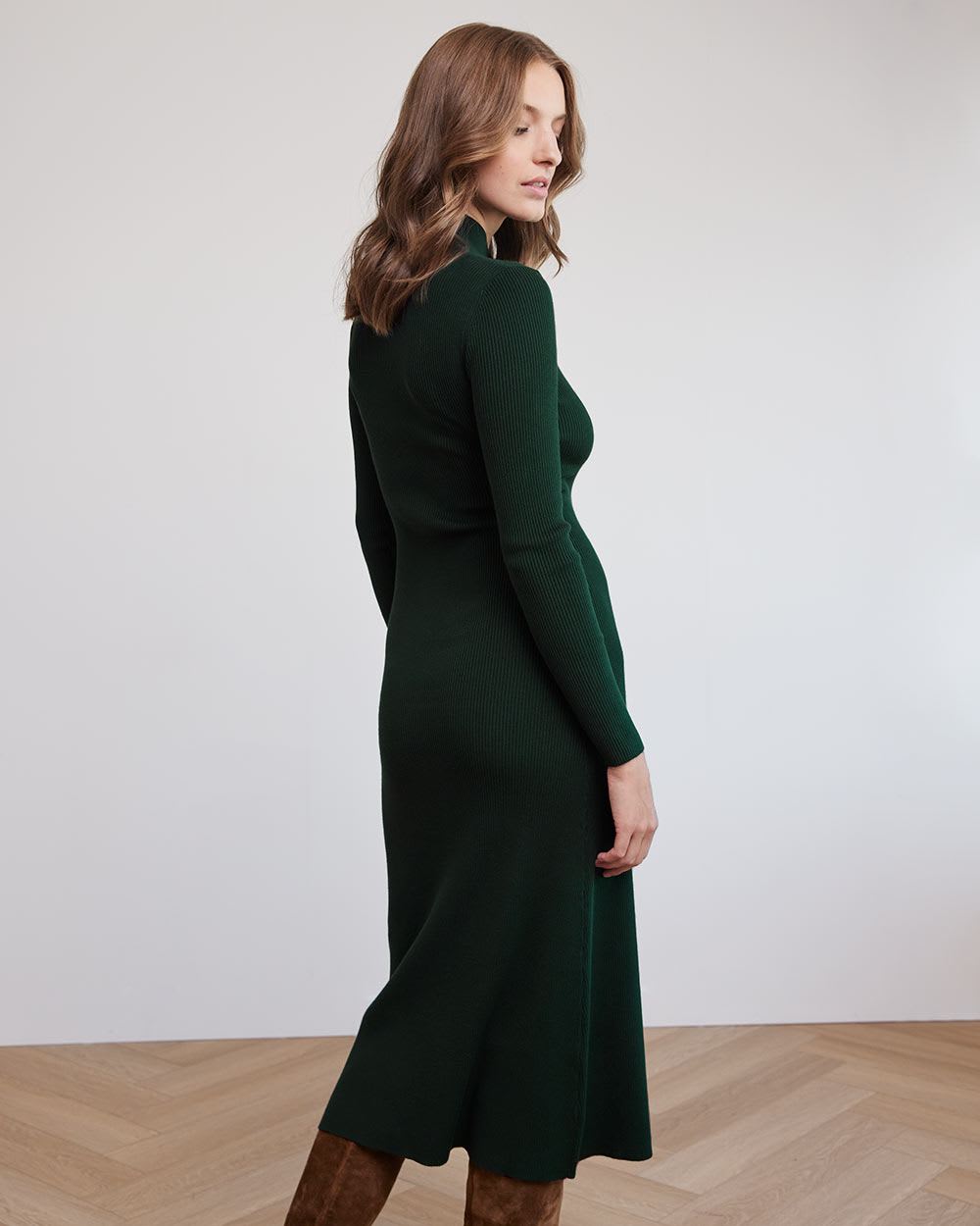 Long-Sleeve Mock-Neck Fitted Midi Dress