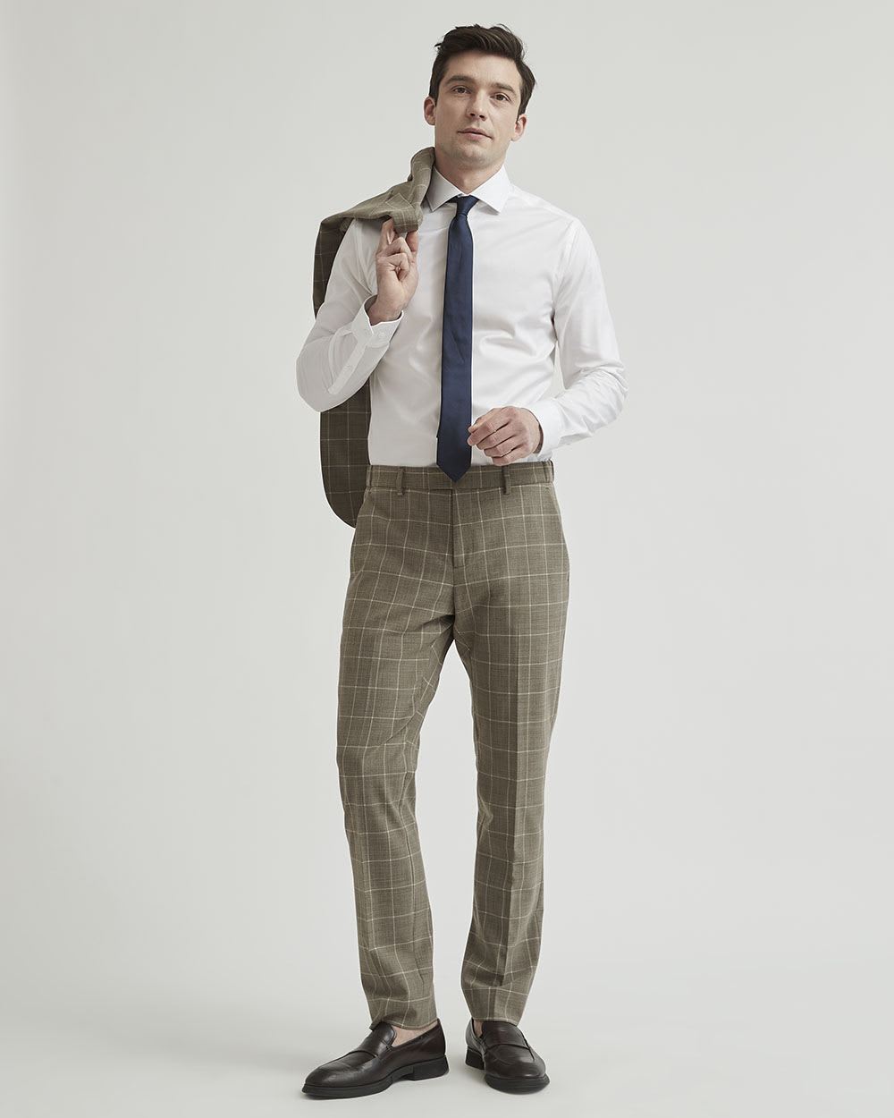 Slim Fit Beige Windowpane Traveler Suit Pant