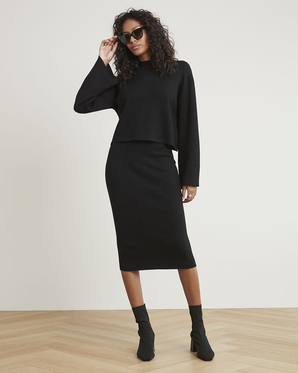 Mock-Neck Sweater with Long Bell Sleeves