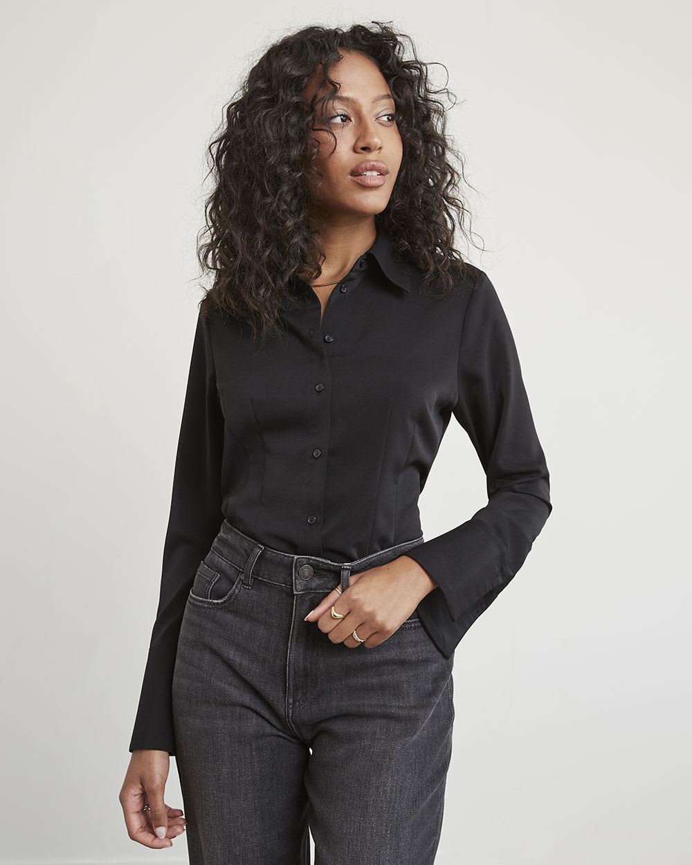 Long-Sleeve Buttoned-Down Twill Blouse