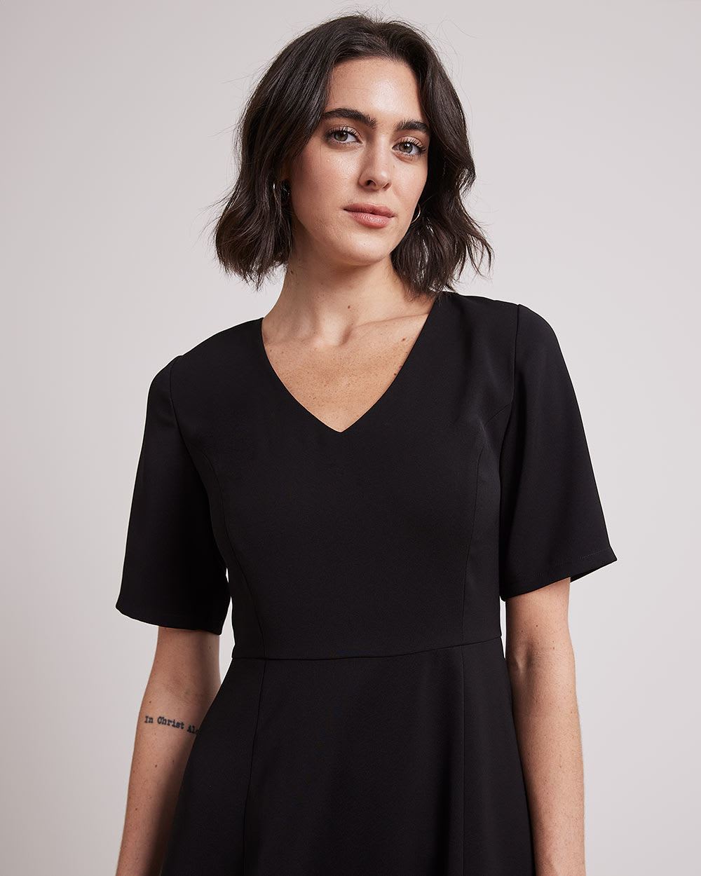 Short-Sleeve Fit and Flare Dress with V Neckline