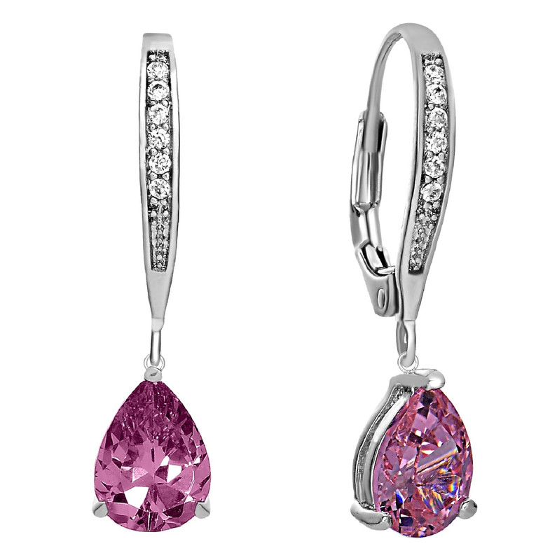 Dazzling Sterling Silver White Gold Plating with Sparkling Pear-Shaped Colored Cubic Zirconia Drop Earrings