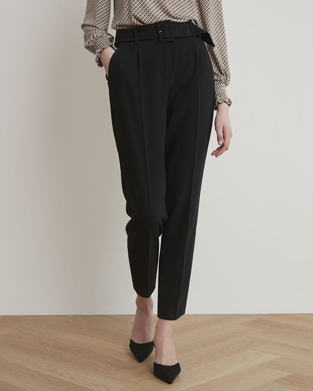 High-Rise Tapered Ankle Leg Crepe Pant With Belt