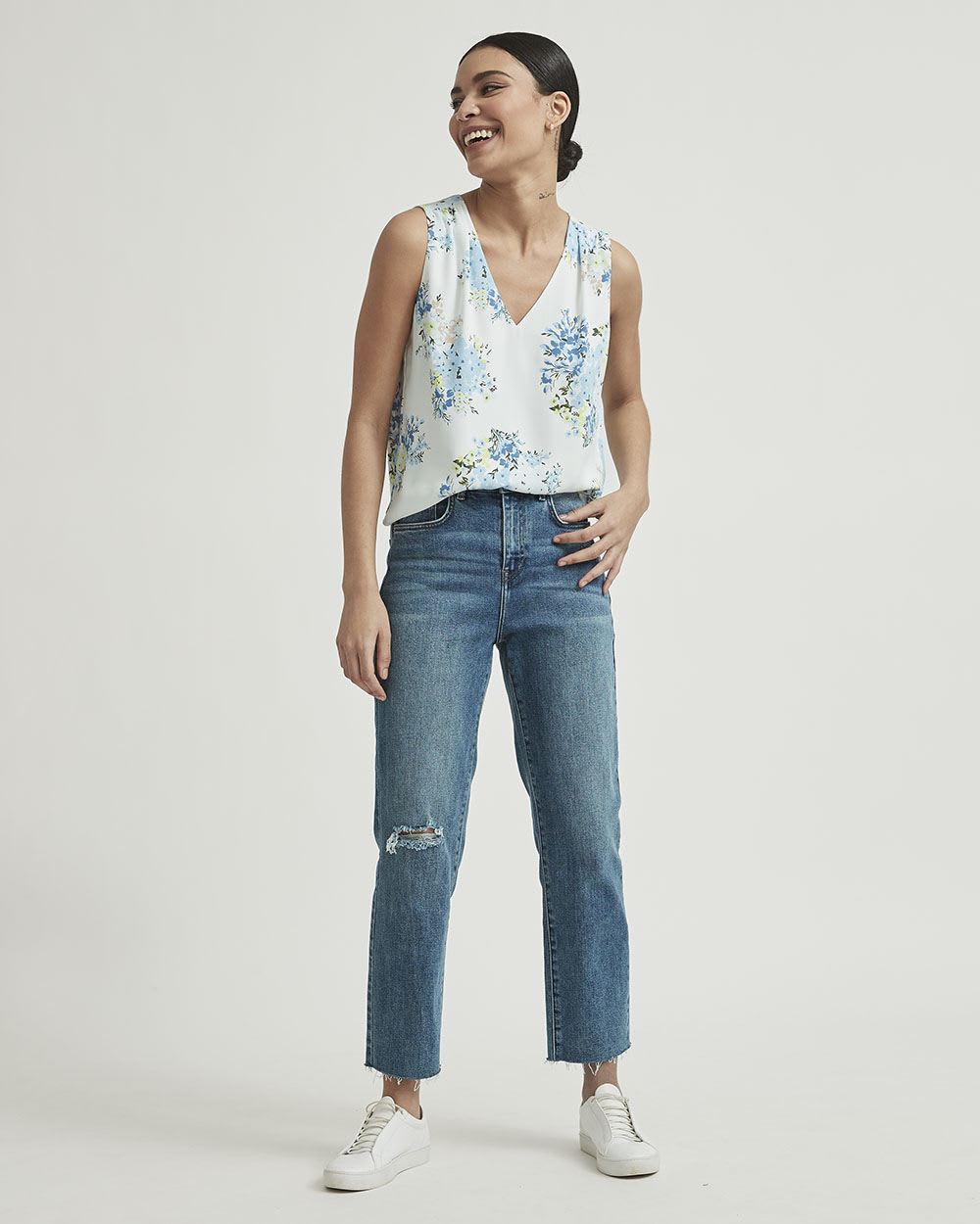 Silky Crepe Shirred V-Neck Cami