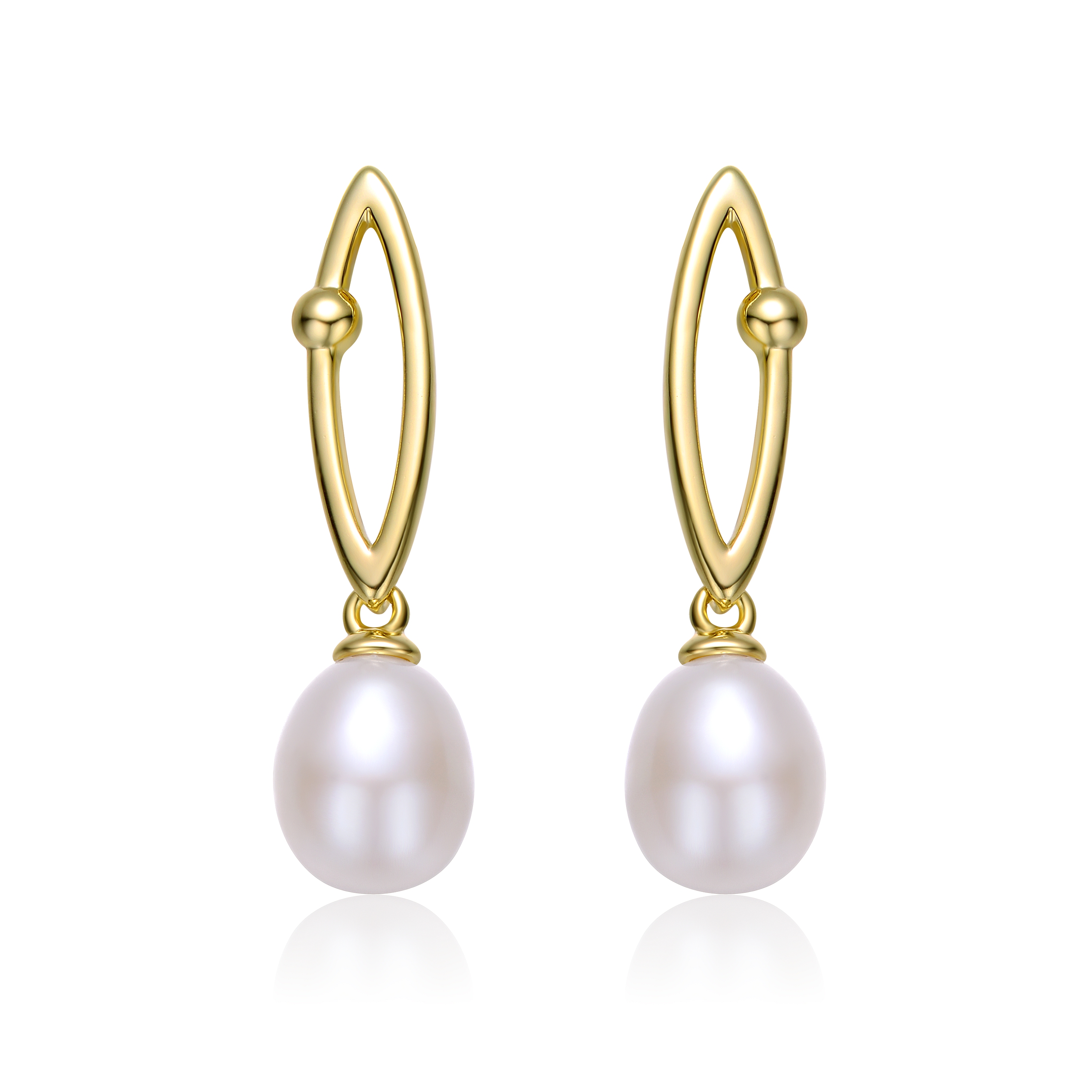 Sterling Silver 14k Yellow Gold Plated with Pearl & Cubic Zirconia Oblong Marquise Drop Earrings