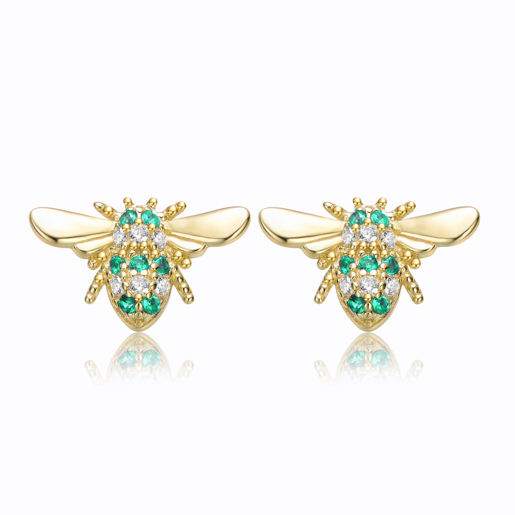GV Sterling Silver 14k Yellow Gold Plated with Emerald or Yellow Cubic Zirconia Pave Wasp Stud Earrings