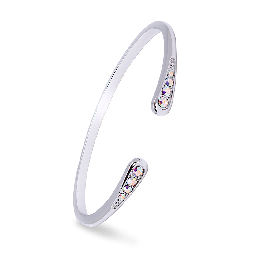 Rhodium Plated Bangle Bracelet with Dainty AB Crystals - callura