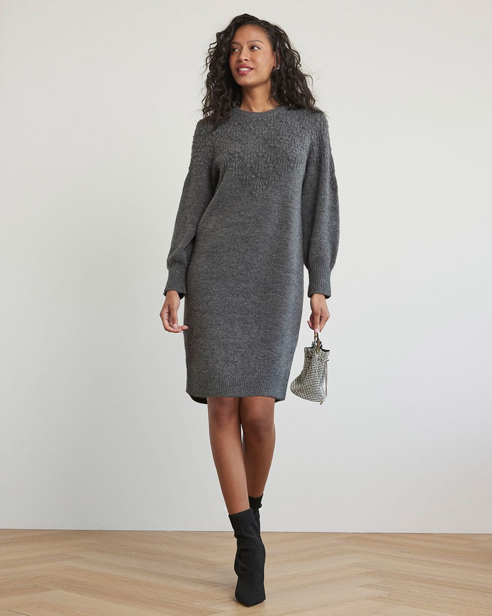 Long-Sleeve Crew-Neck Dress with Pompom Stitches