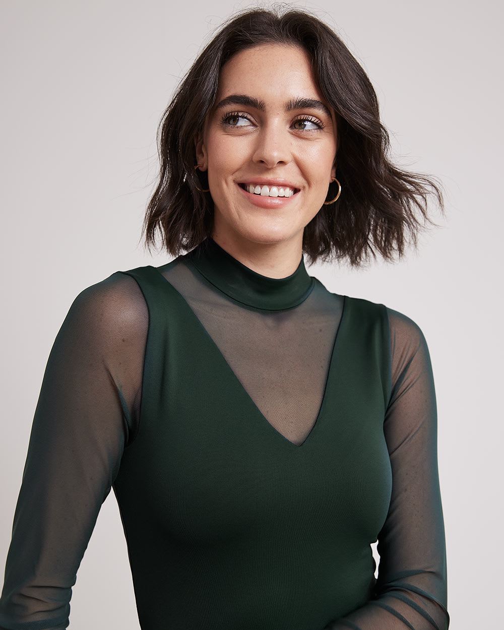 Sheer-Long-Sleeve Mock-Neck Tee