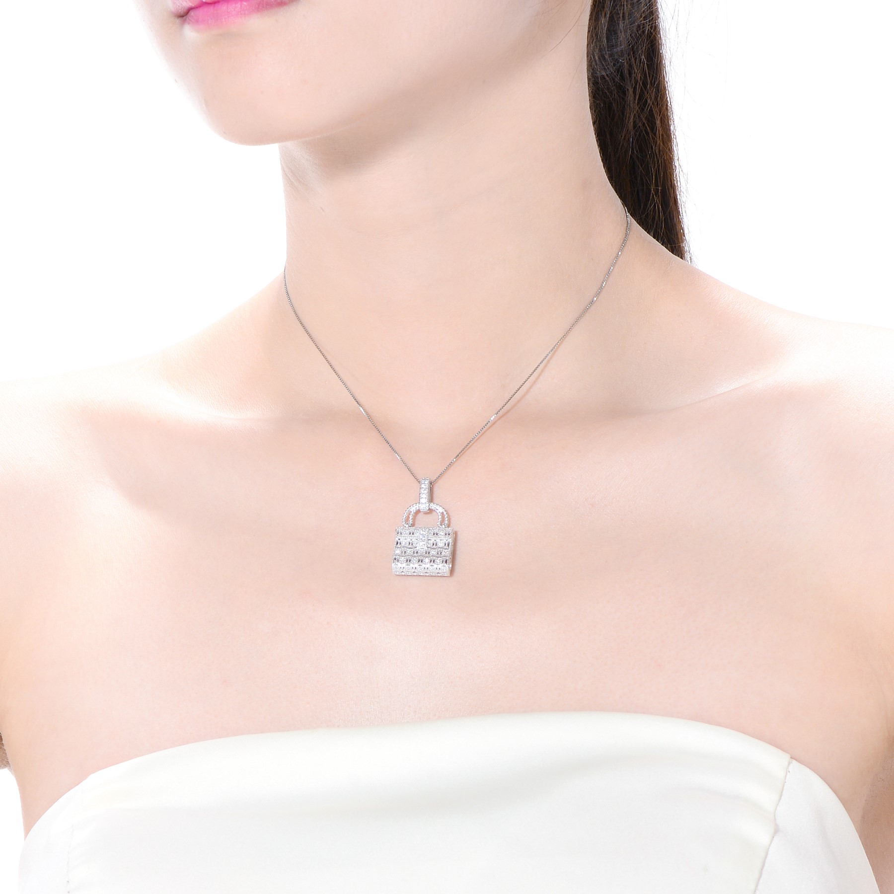 GV Sterling Silver Cubic Zirconia Lock Necklace