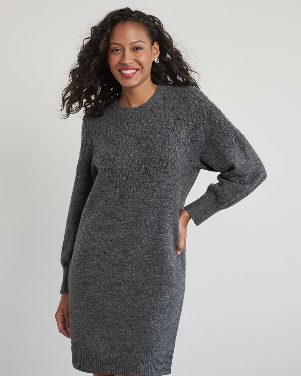 Long-Sleeve Crew-Neck Dress with Pompom Stitches