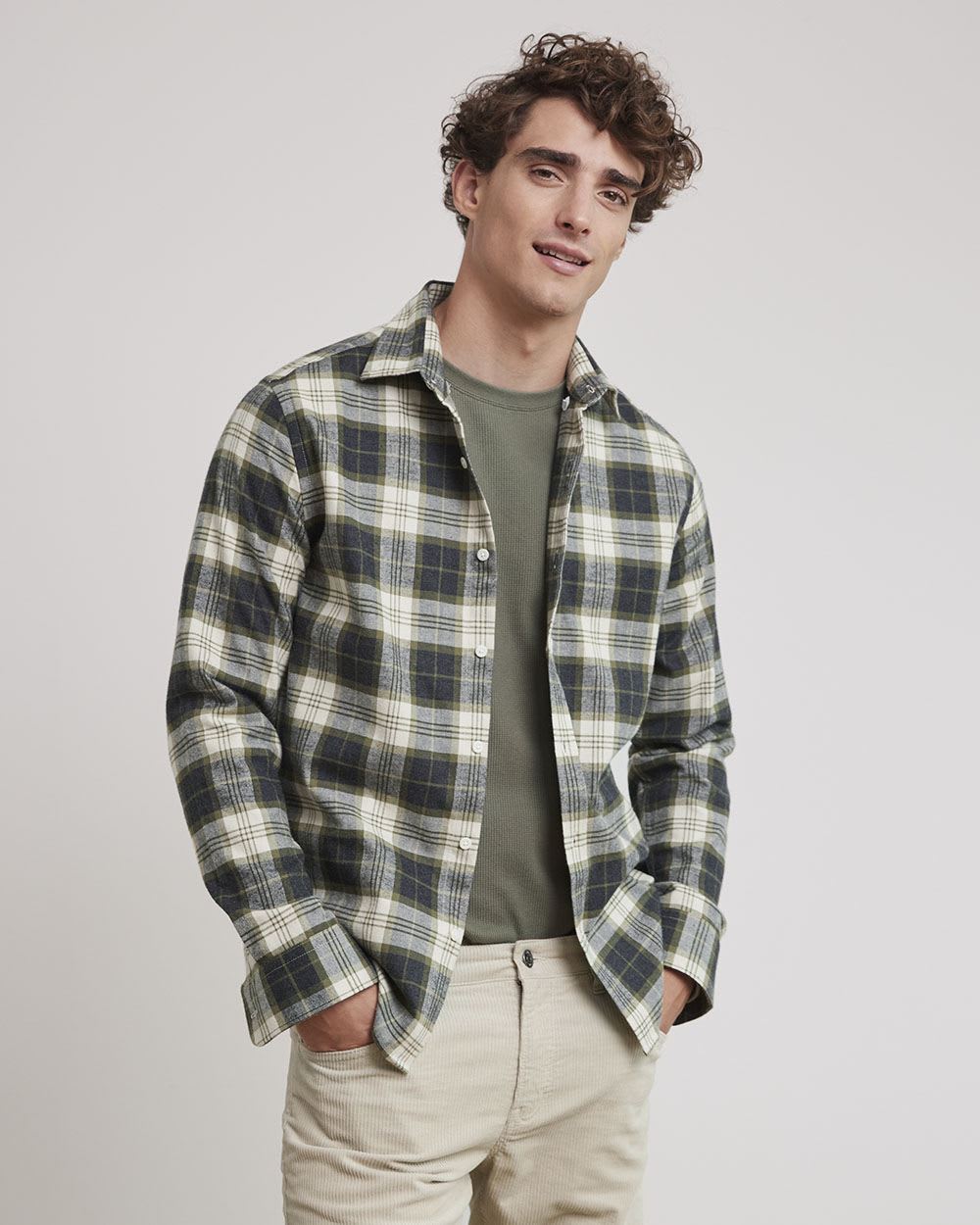 Slim-Fit Green and Grey Tartan Flannel Shirt