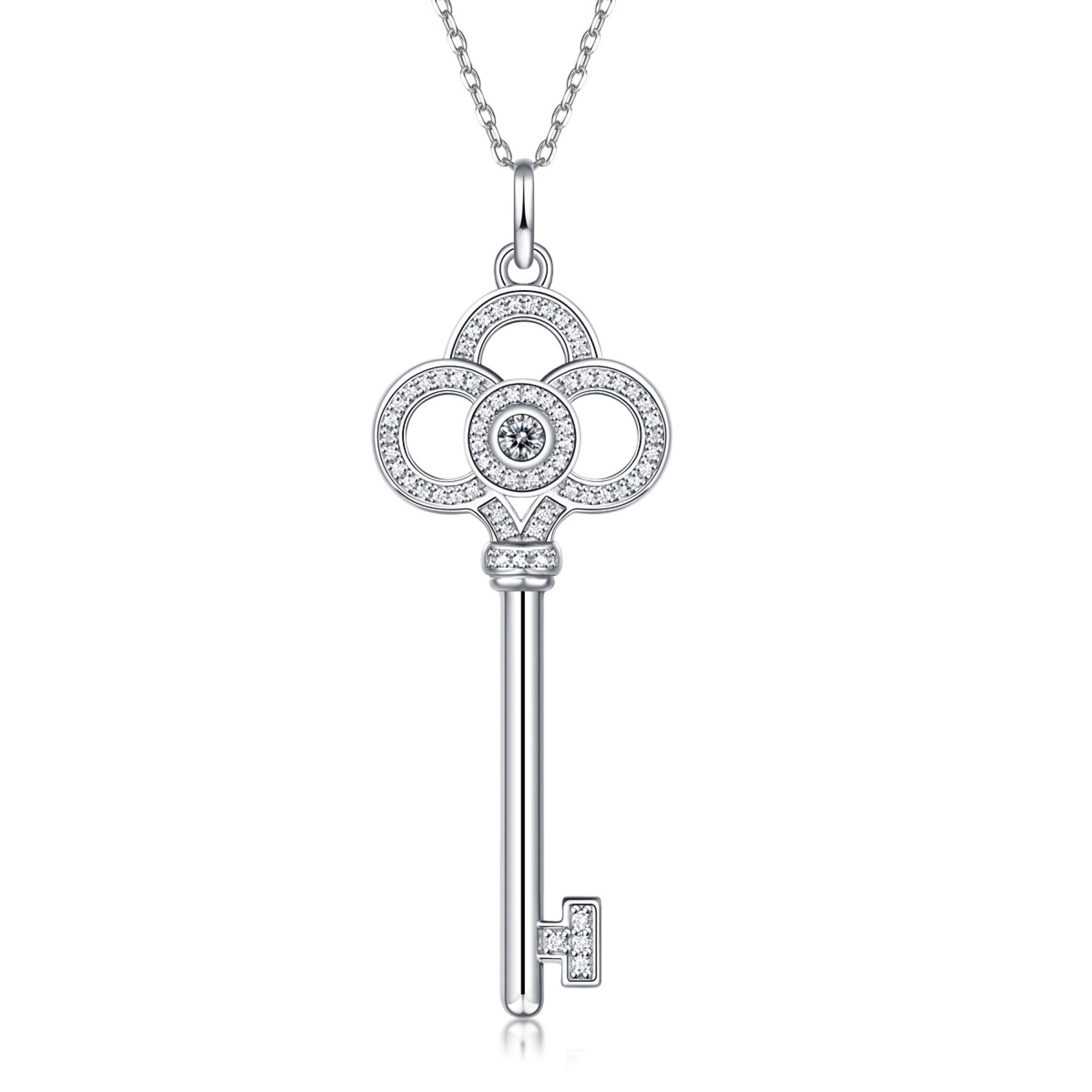 SV Sterling Silver with 0.10ctw Lab Created Moissanite Skeleton Key Eternity Circle Pendant Necklace