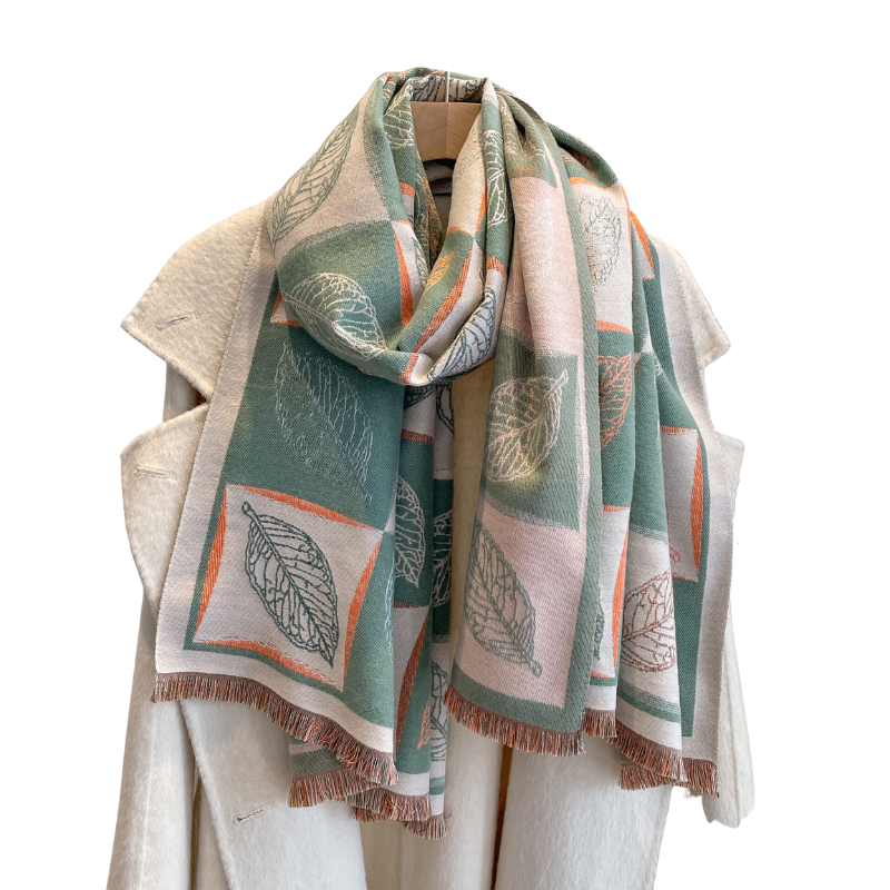 Green & Orange Leaves Patterned Fringe-Trimmed Scarf- Don't AsK