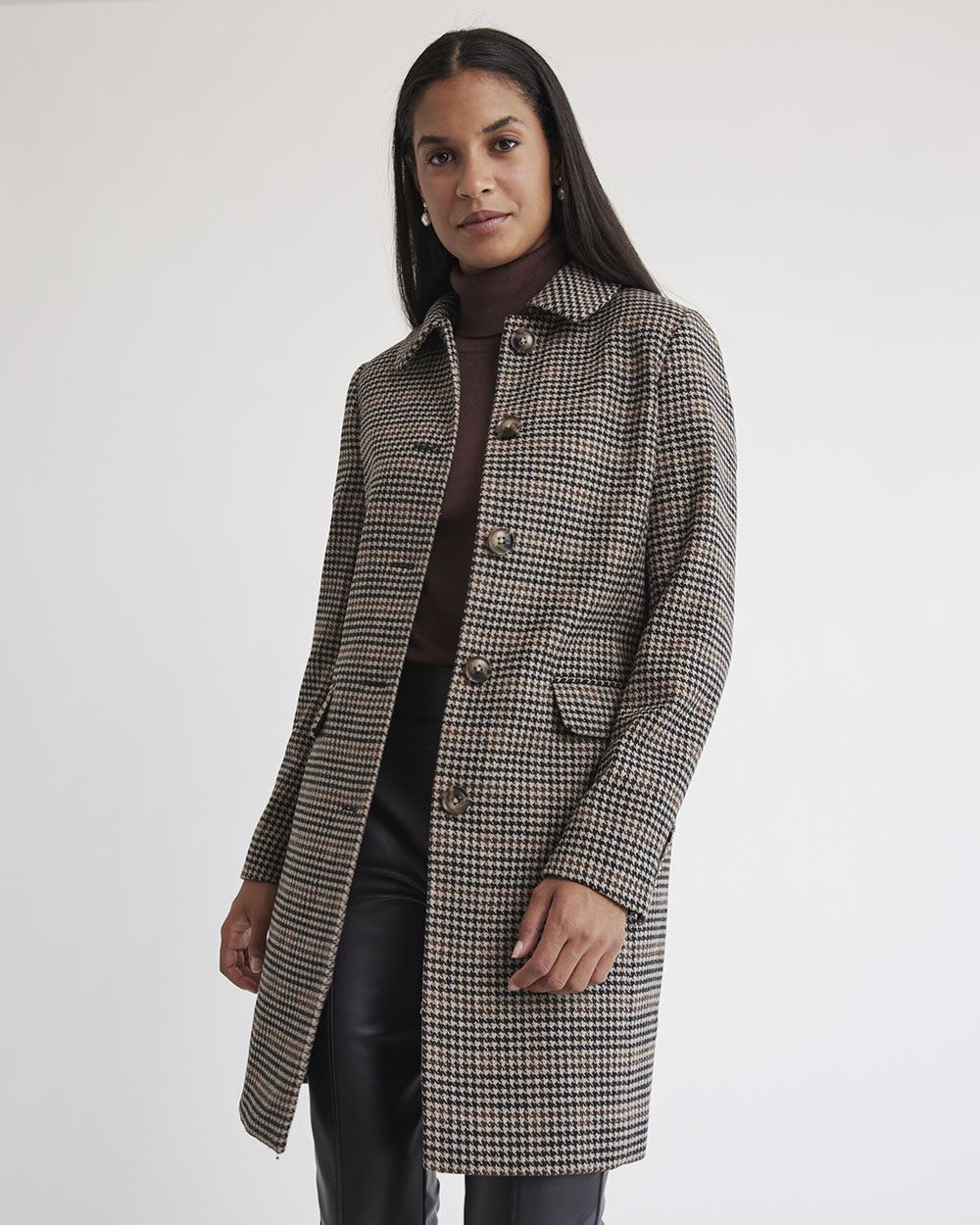 Houndstooth Wool Coat with Shirt Collar