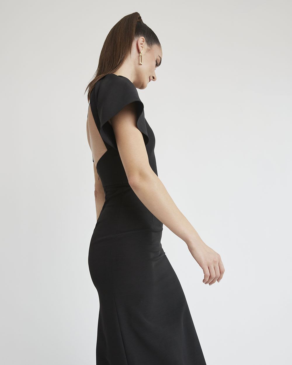 Short-Sleeve Maxi Cocktail Dress with Open Back