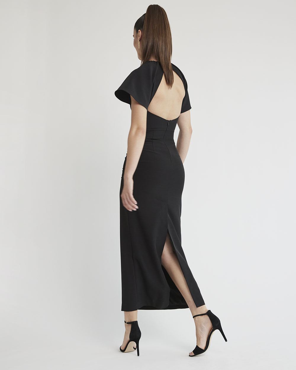 Short-Sleeve Maxi Cocktail Dress with Open Back