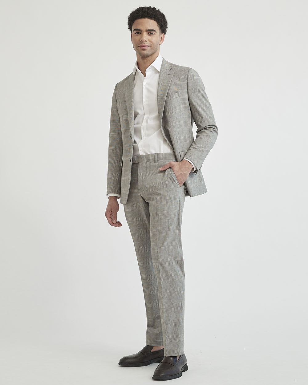 Tailored Fit Stretch Beige Checkered Suit Pant