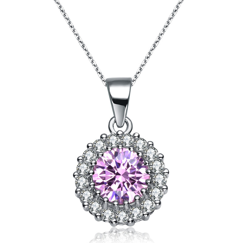 Sterling Silver with Colored Cubic Zirconia Round Pendant Necklace
