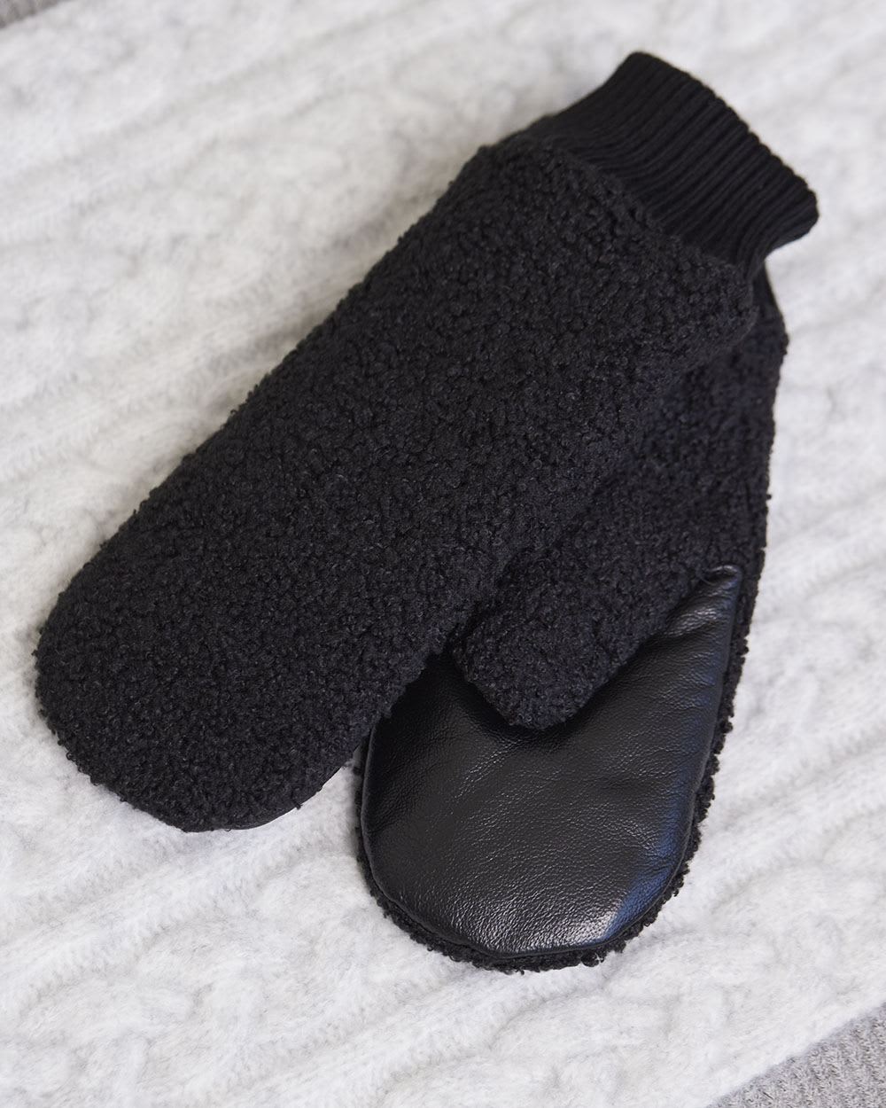 Boucle Knit and Leather Mitts