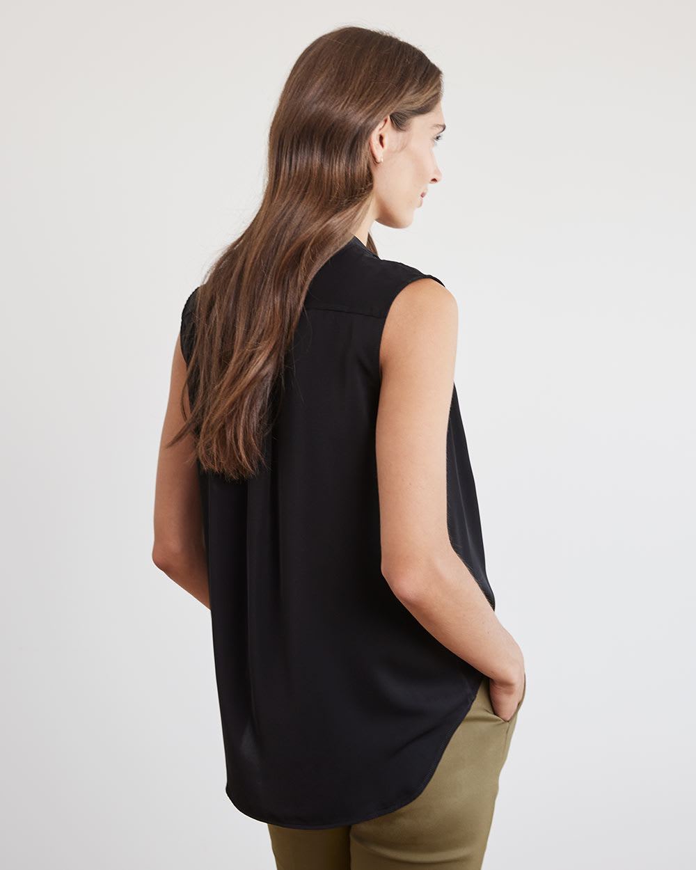 Sleeveless Popover Wrap Twill Blouse