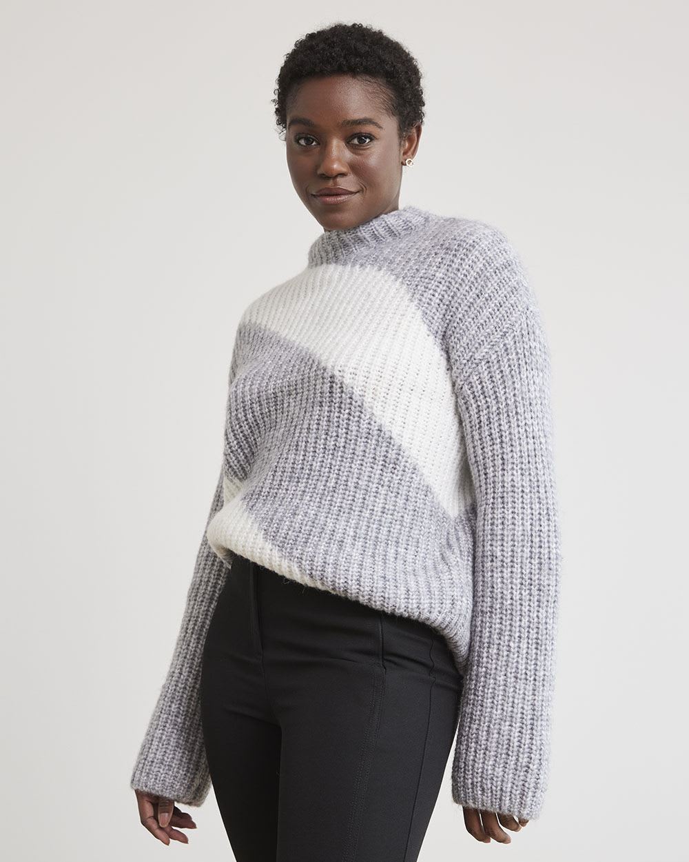 Striped Mock-Neck Sweater with Long Bell Sleeves